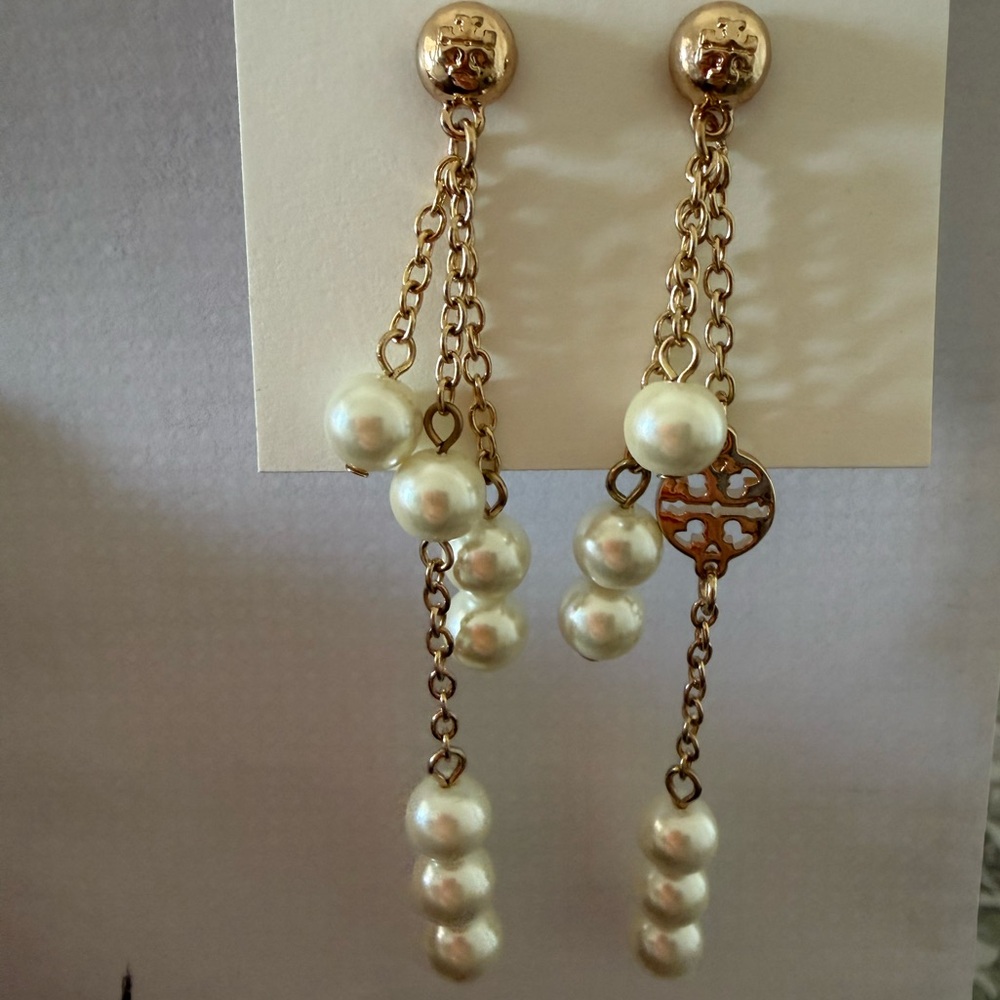 Tory Burch Gold and Pearl Mismatched long Drop Earrings